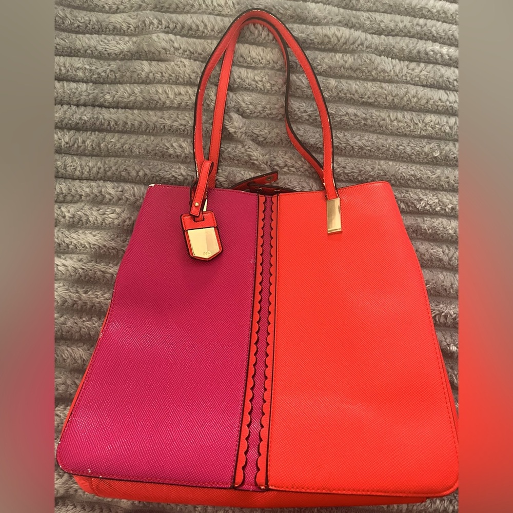 PRE LOVED PINK AND RED KATE LANDRY LEATHER TOTE